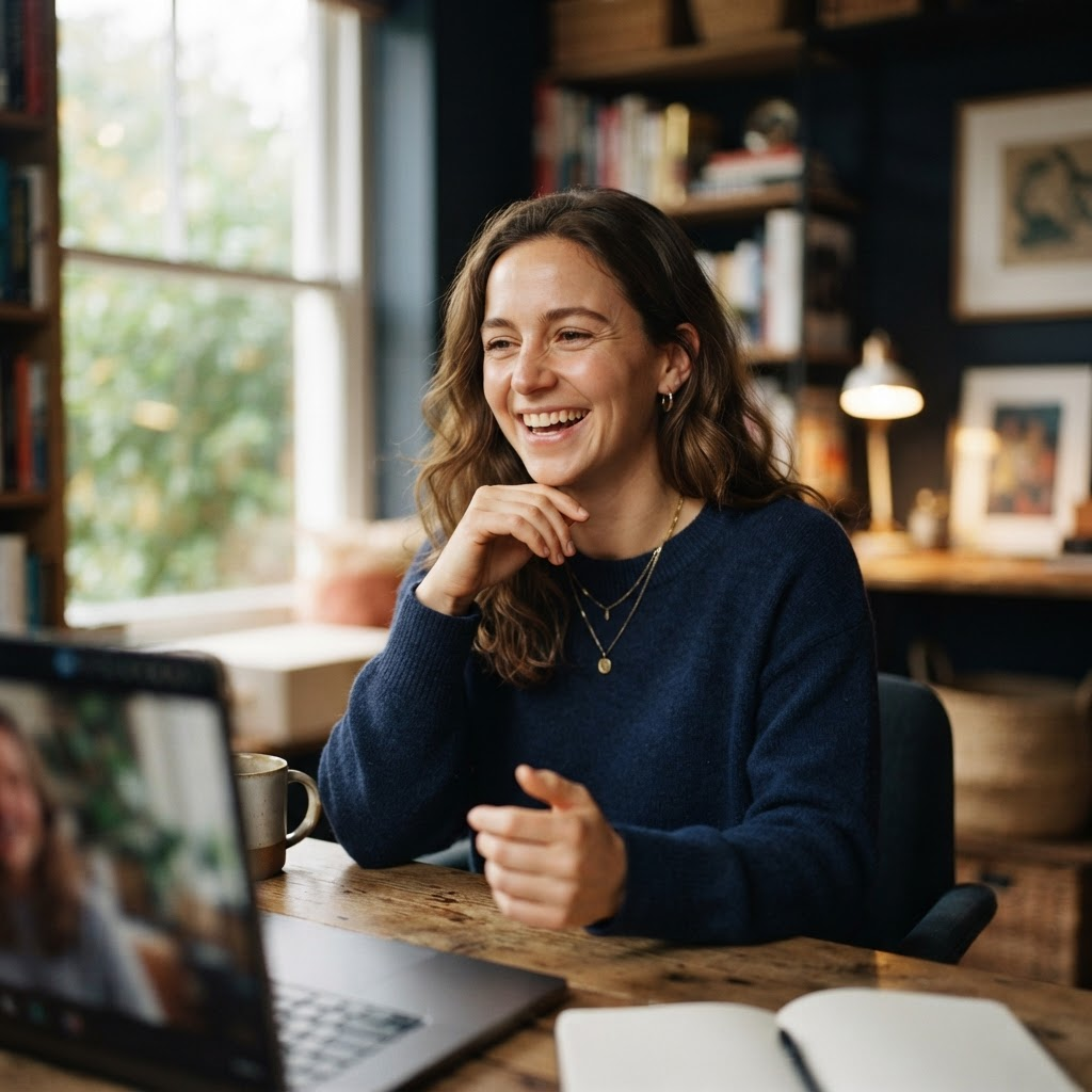 A person smiling during a live video conversation from home
